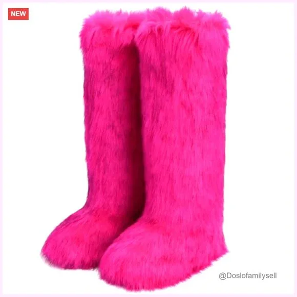 Knee-High Faux Fur Boots Warm Winter Snow Boots Fluffy